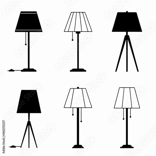 Collection of six minimalist floor lamp icons in black and white, featuring classic and modern tripod designs for interior decor concepts.