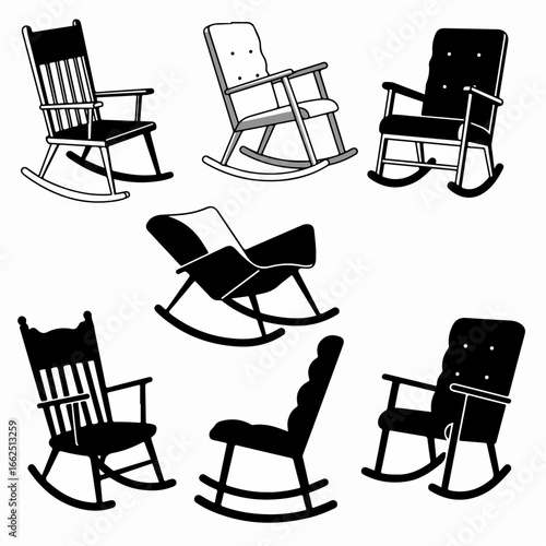 A collection of diverse rocking chairs depicted in black and white illustration style, showcasing various designs for comfort and relaxation.