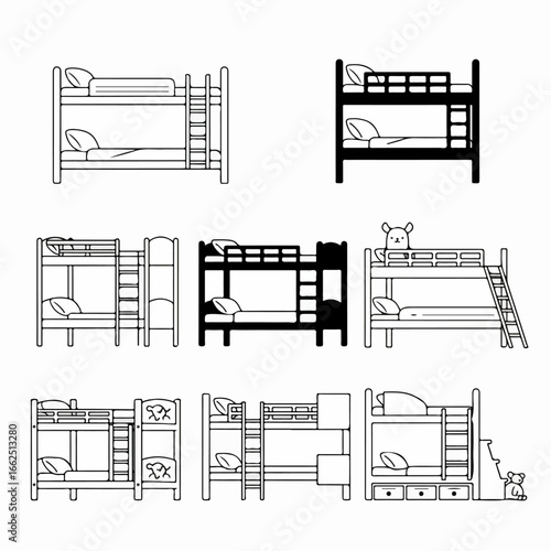 A comprehensive collection of bunk bed illustrations in outline and silhouette styles, showcasing various designs for children's rooms or hostels.