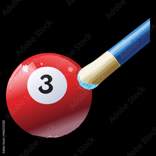 The moment a red billiard ball with the number three is hit by a cue stick, creating a dynamic motion