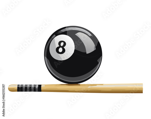 A classic black eight-ball with a shiny cue stick resting on a billiard table