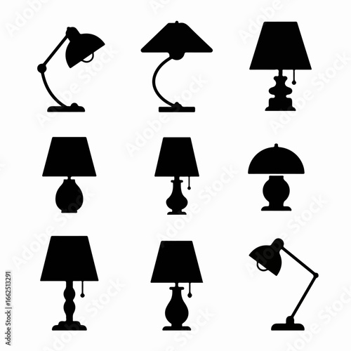 Collection of Black Lamp Silhouettes: Diverse Desk and Table Lamps Icons for Home Decor and Office Lighting Design Elements.
