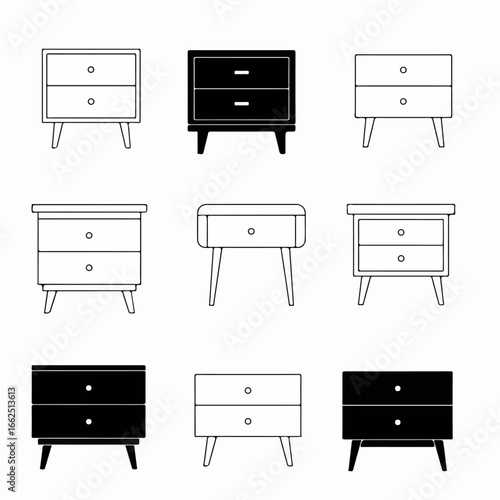 A collection of black and white outline and solid nightstand icons, showcasing various two-drawer bedside table designs for home furniture and interior concepts.