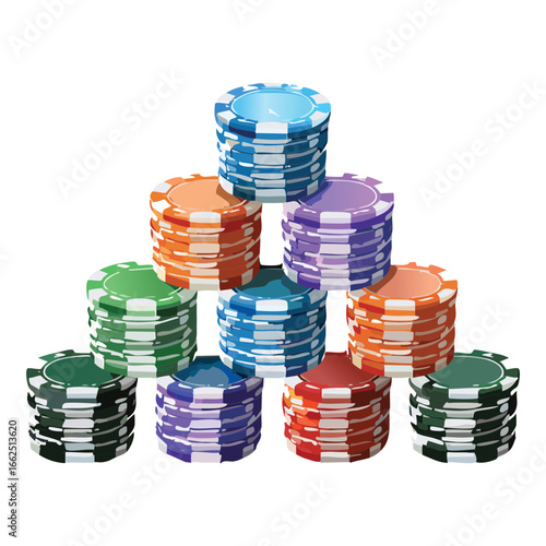 A detailed vector drawing of a large stack of colorful casino chips, an iconic symbol of gambling, wealth, and chance