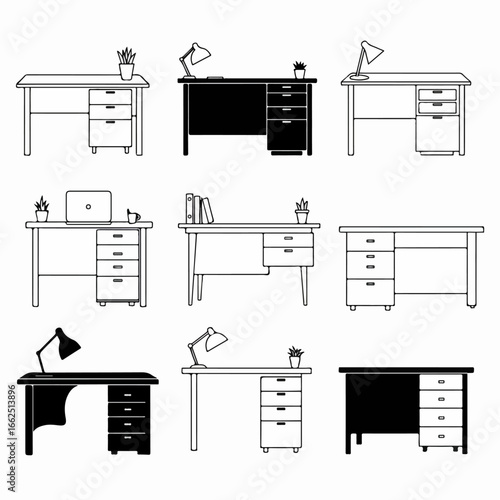 A comprehensive collection of diverse office desks in various styles, including outline and silhouette designs, featuring lamps, plants, and modern accessories for workspaces.