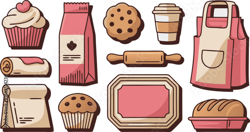 Baking and Pastry Set Cupcake, Cookie, Bread, Apron, and More Illustration