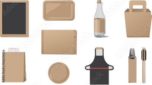 Assorted Restaurant Supplies Menu Board, Brown Bags, Cutlery, Food Containers, Bottle, and Apron