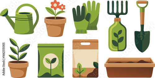 Gardening Tools and Plants Illustration Watering Can, Shovel, Seeds, Flowers, and More