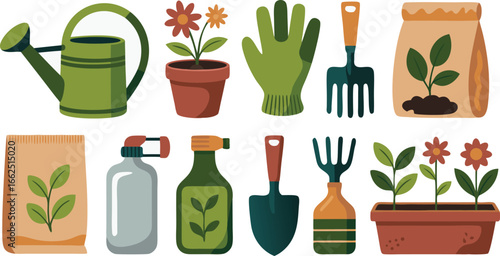 Gardening Tools and Supplies Watering Can, Flowers, Gloves, Fertilizer, Sprayer, Shovel, and Potted Plants