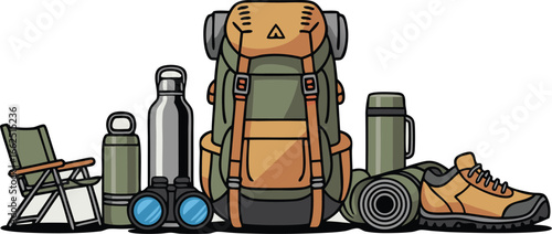 Illustrated Camping Gear Backpack, Chair, Water Bottles, Binoculars, Thermos, Sleeping Mat, and Hiking Boot