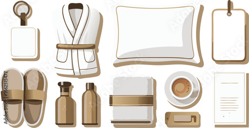 Illustrated Hotel Room Amenities Bathrobe, Slippers, Pillow, Coffee, Toiletries, and Blank Note Card