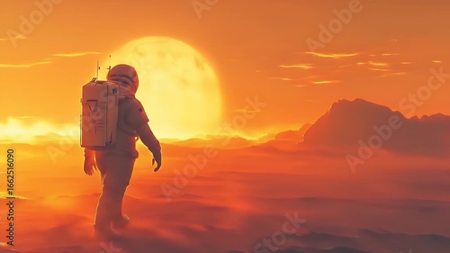 Human colony on Mars habitat simulation. Astronaut exploring a vibrant alien landscape at sunset
