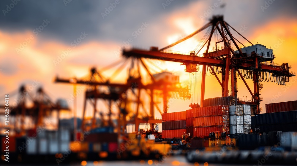 Obraz premium Shipping Cranes and Containers at Sunset