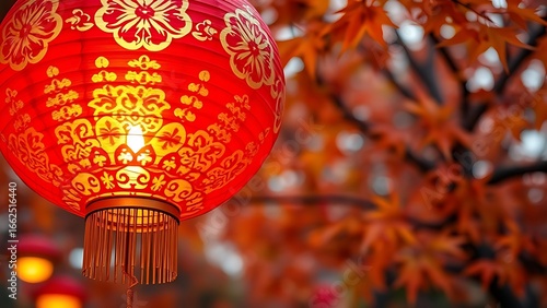A vibrant red lantern with intricate gold patterns, glowing warmly against a soft backdrop of autumn maple leaves.
