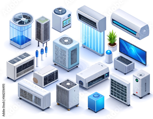 Isometric collection of modern HVAC systems, air conditioners, and air purifiers for diverse climate control applications
