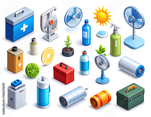 Vibrant 3D isometric collection of useful objects for outdoor adventures and everyday comfort