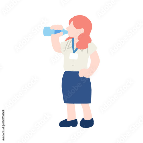 水分補給をする働く人(ビジネスパーソン)のフラットなイラスト

