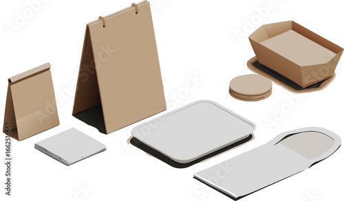 Isometric Set of Restaurant Packaging Paper Bag, Sandwich Board, Food Box, Coasters, and Foil Container