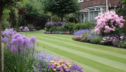 Fototapeta Naklejka Na Ścianę i Meble -  Manicured Garden with Purple Flowers