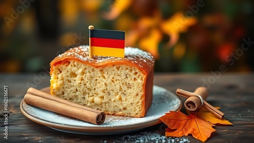 German honey cake with sugar flag decoration, showcasing traditional festive sweetness.