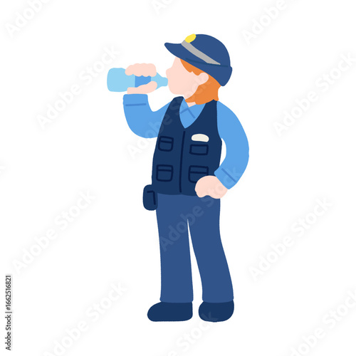 水分補給をする働く人(警察官)のフラットなイラスト

