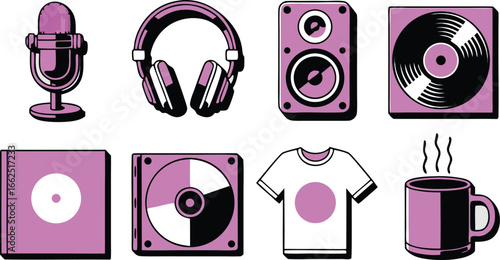 Music and Media Elements Microphone, Headphones, Speaker, Record, CD, Shirt, and Coffee Mug