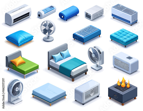 Assortment of modern heating and cooling devices presented in a clean 3D isometric style