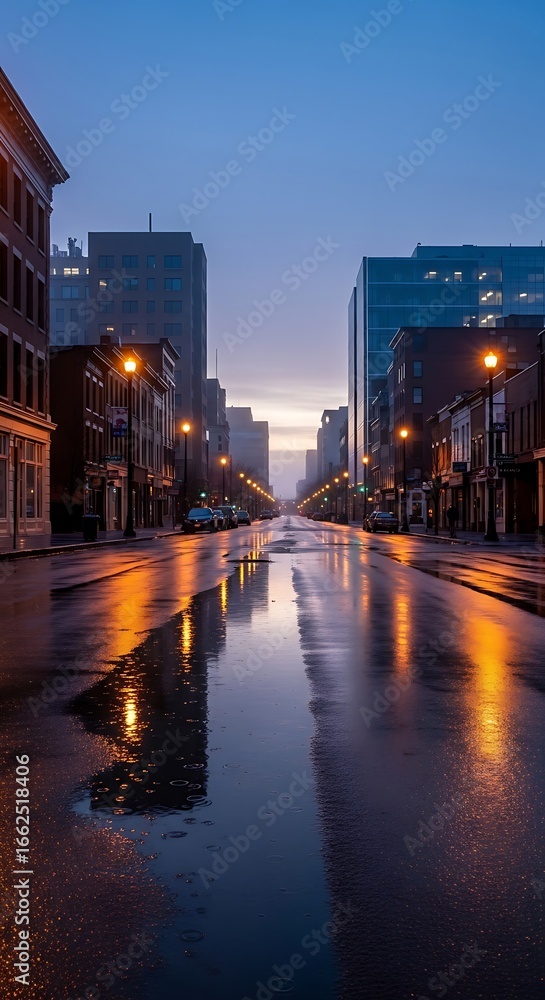 Obraz premium A wet city street at dusk, with reflections of streetlights on the wet pavement and buildings lining the road.