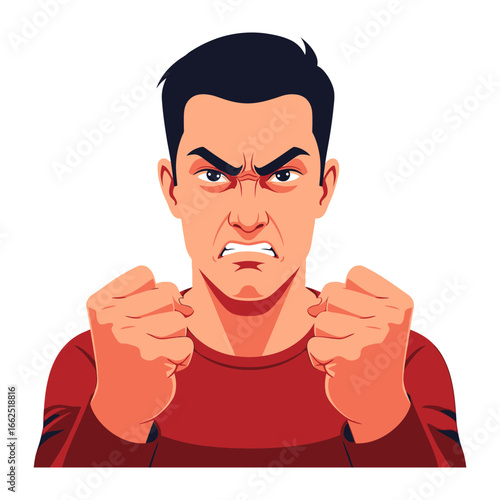 Explosive Rage: A striking vector illustration of an enraged individual, clenched fists, conveying raw emotion and internal turmoil. 