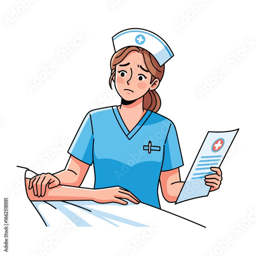 Caring Nurse: A compassionate nurse, clad in scrubs and cap, provides care and support. Her gentle touch and concerned expression reflect her dedication.