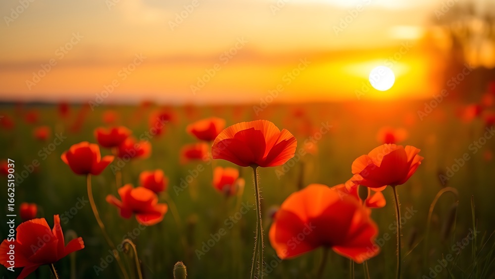 Fototapeta premium A serene sunset field filled with vibrant red poppies, bathed in warm golden light.