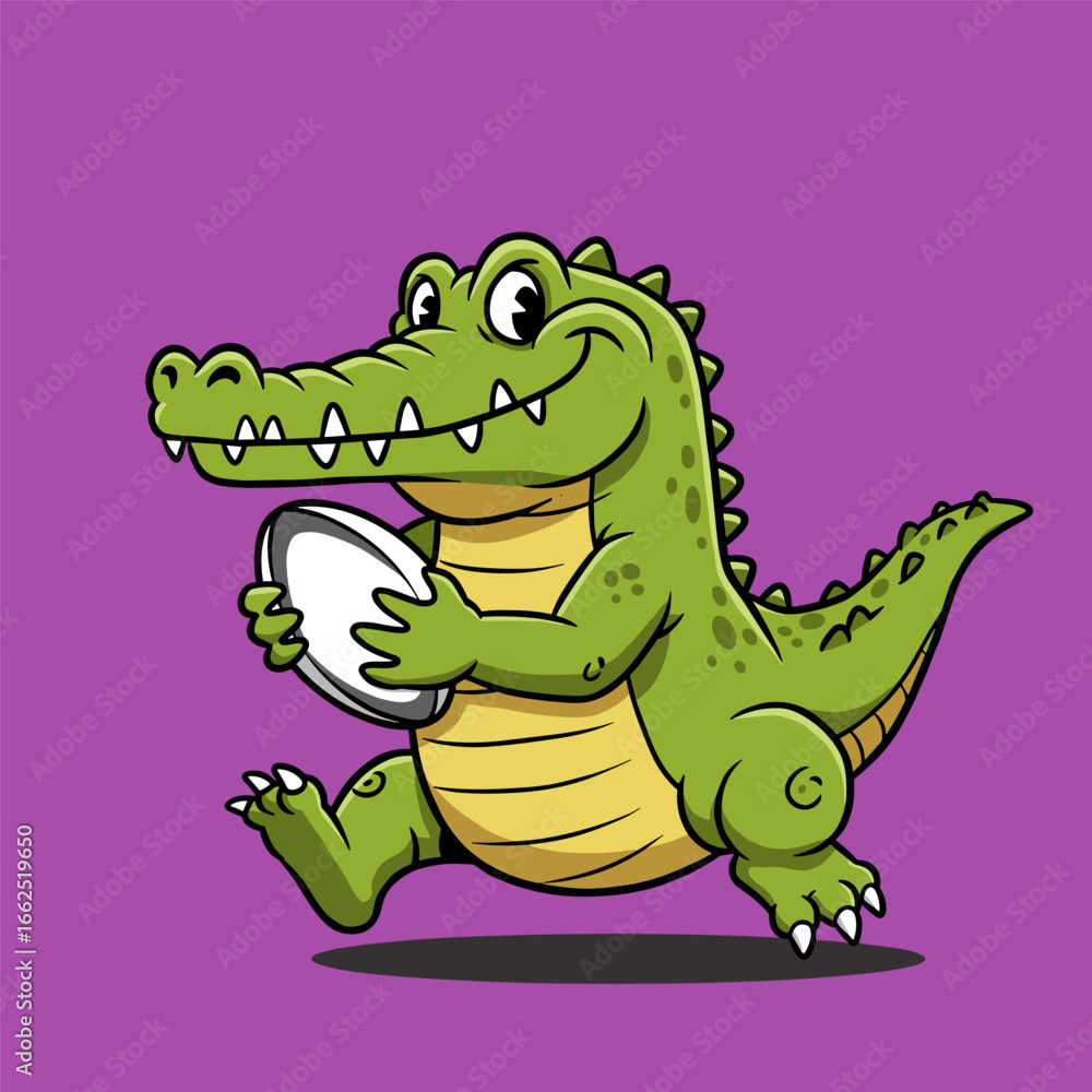 Fototapeta premium Cheerful green crocodile running with a white rugby ball, smiling brightly against a solid purple background.