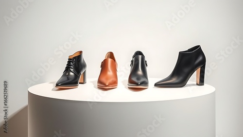 Fashion shoes displayed on a minimalist pedestal with clean studio lighting.