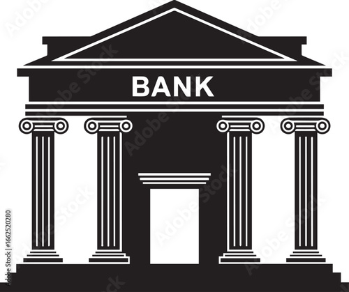 Black and white bank building icon with classical columns and a triangular pediment