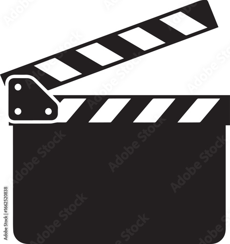 Classic black and white movie clapperboard icon with open clapper sticks and diagonal stripes