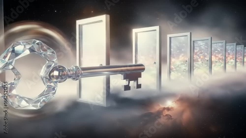 A surreal scene featuring a large crystal key in front of multiple ethereal doors amidst cosmic clouds