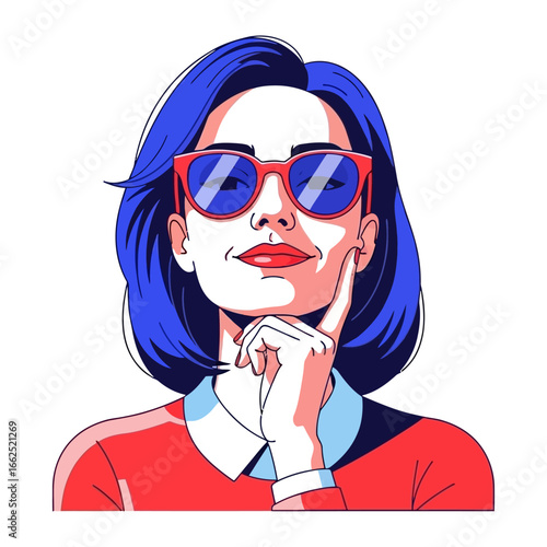 Contemplative Woman: This image features a stylish woman with striking blue hair and vibrant red sunglasses, lost in thought with a hand gently touching her face.