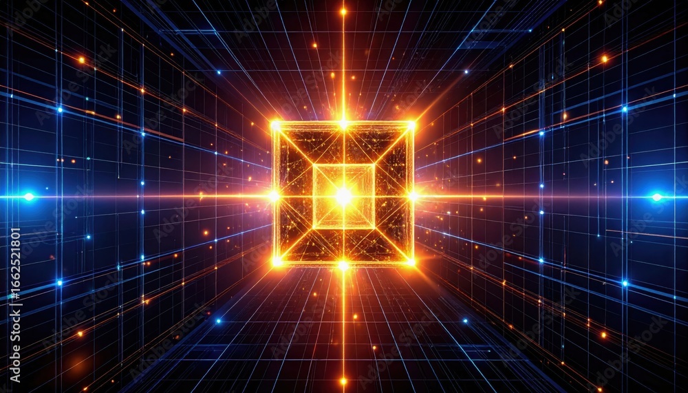 Fototapeta premium A vibrant, abstract digital representation of a glowing cube in a grid-like space, conveying a sense of depth and energy.
