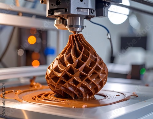 A chocolate 3D printer creating a swirling dessert. The futuristic culinary tool expertly extrudes rich, brown frosting onto a platform.