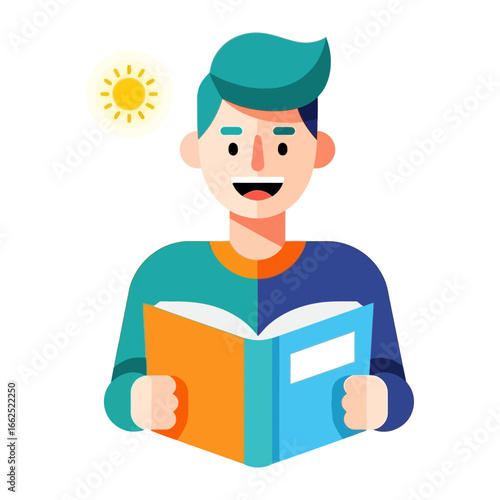 Reading Under the Sun: A person with captivating cyan hair and clad in a vibrant blue and green, completely absorbed in a good book. Illustrated near a cheerful sun.