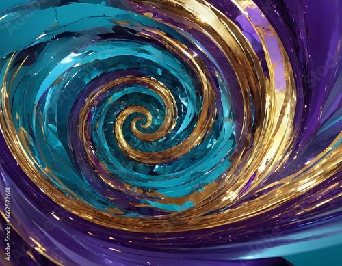 Abstract Spiral Vortex with Golden, Purple, and Teal Metallic Swirls