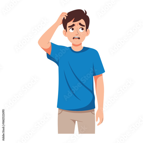 Perplexed reflection: A young man with dark hair and casual attire scratches his head in a moment of contemplation, a visual narrative of thought. 