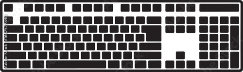 Monochrome graphic illustration of a fullsize computer keyboard with blank blocky keys