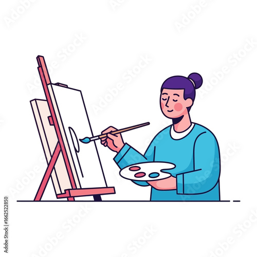 Artistic Muse: A moment of serene artistic creation captured in a bright and vibrant illustrated depiction of an artist at work, paintbrush in hand, conjuring a masterpiece