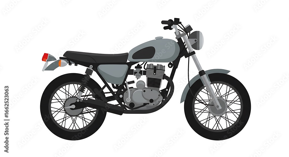 Fototapeta premium Classic motorcycle illustration with a retro design, showing side view of a gray motorbike on white backdrop