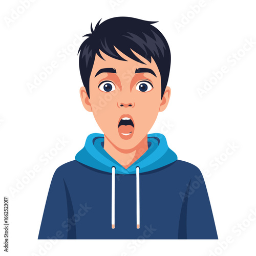 Astonishment and Shock: A young man displays astonishment, his eyes wide and his mouth agape, conveying surprise or disbelief in a clear, digitally rendered illustration.