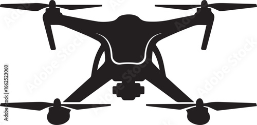 Monochrome silhouette of a modern quadcopter camera drone with four propellers viewed from below
