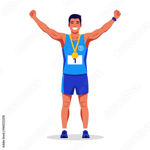 Champion's Triumph: Capturing the jubilation of a victorious athlete. He is proudly displaying his hard-earned medal. It's a vivid illustration of athleticism and the thrill of accomplishment. 