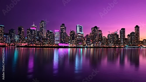 Wallpaper Mural Vibrant city skyline at dusk with colorful reflections on water, showcasing urban life and architecture Torontodigital.ca