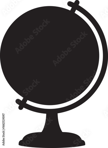 Simple black silhouette of a classic desktop world globe with a meridian stand minimalist icon style
